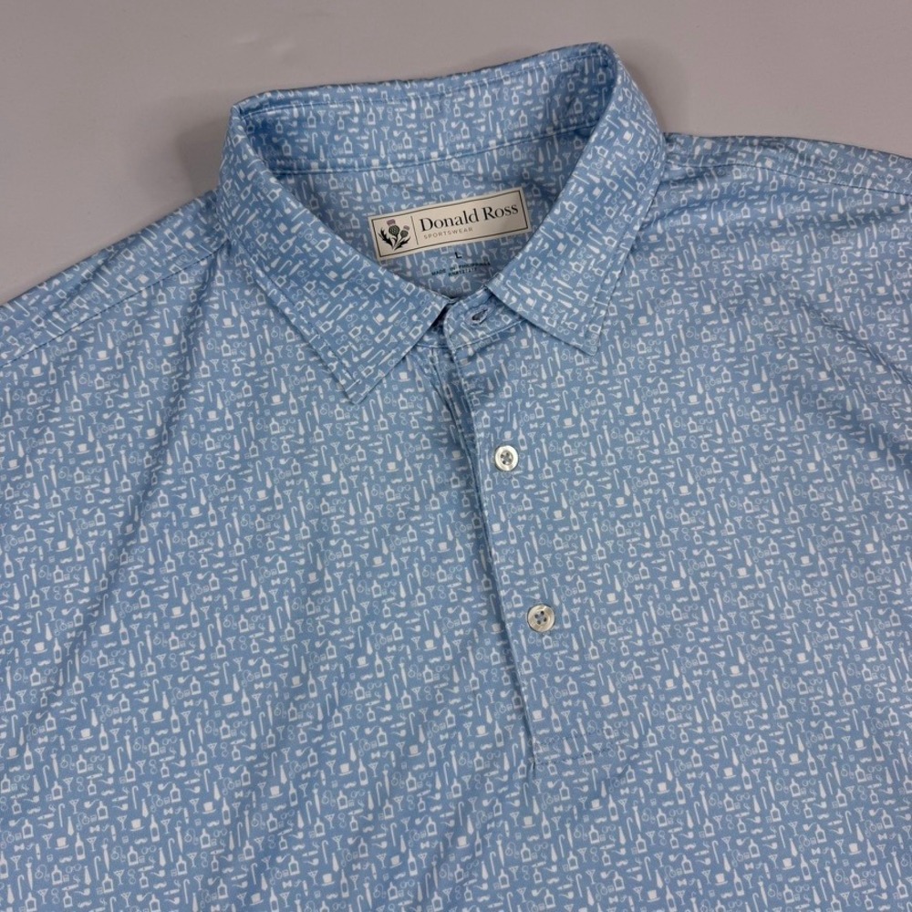 Donald Ross Polo Shirt Mens Large Blue Martini Cocktail All Over Print Golf